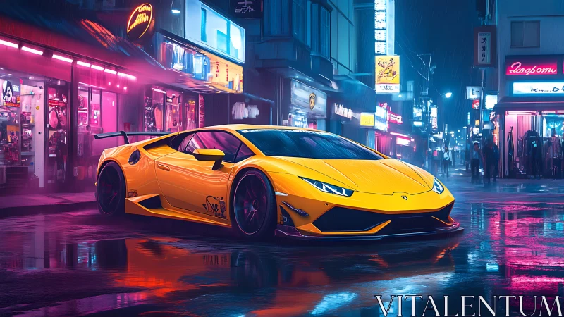 Yellow supercar on wet neon street in urban night scene.