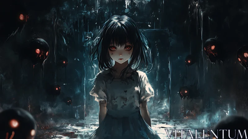Dark anime girl in ruined room with red eyed spirits.