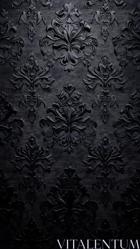 Low-key baroque damask relief with glossy black embossing.