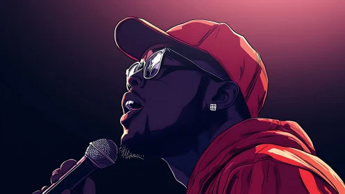 Side profile illustration of singer holding microphone onstage.