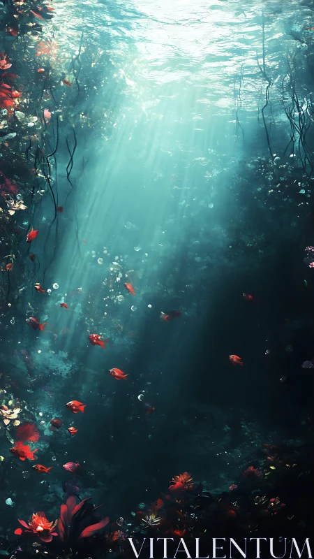 Sunlit abyss with crimson fish in lush aquatic garden.