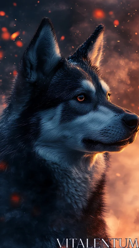 Husky profile portrait against glowing embers at dusk.
