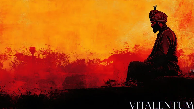 Solitary turbaned figure meditates under blazing sunset sky.