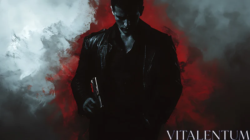 Brooding lone figure wrapped in dramatic red shadowed smoke.