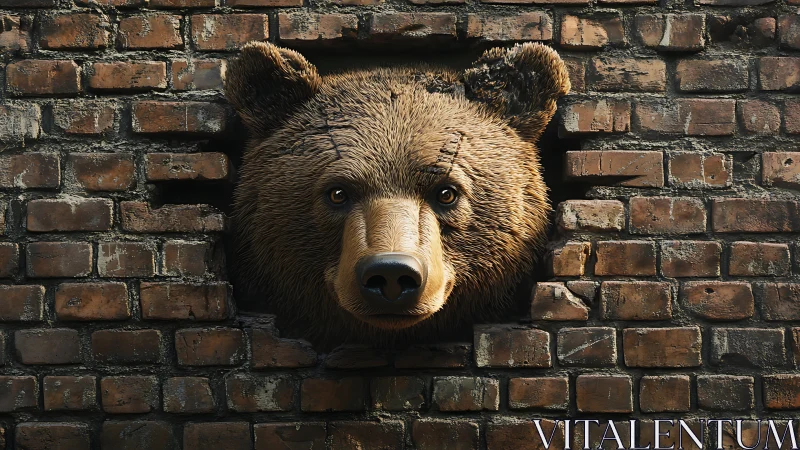 Hyperreal bear head emerging through fractured brick masonry.