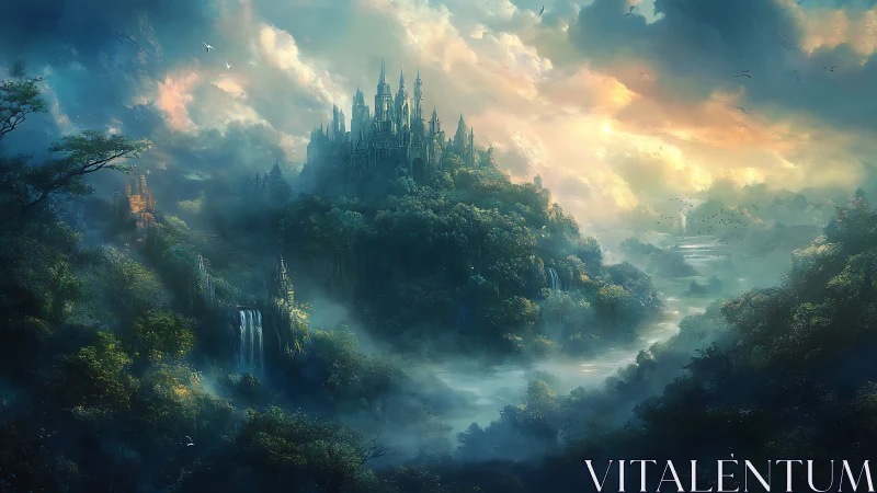 Fantasy mountain castle above misty forest river valley.