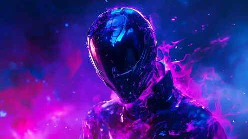 Neon armored figure in glowing pink and blue energy field.