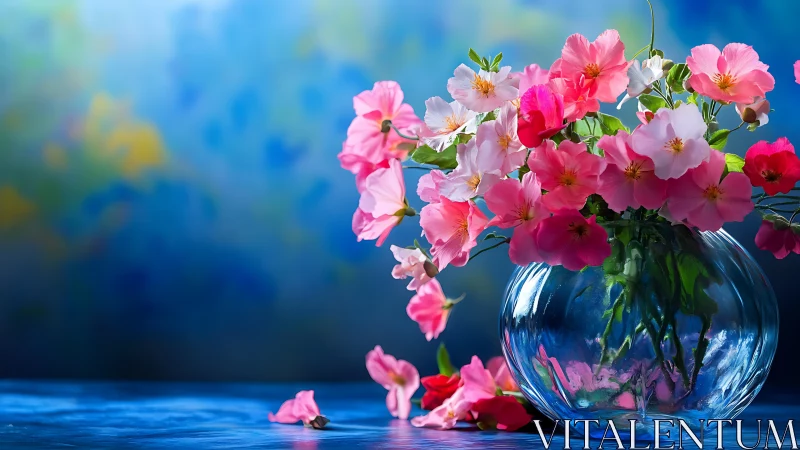 Luminous Pink Floral Arrangement Within Crystalline Glass Vessel.