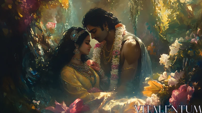 Ornamental Couple in Luminous Floral Glade: Digital Portrait Study.