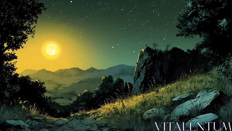 High-contrast moonlit ridge with layered mountains and star field