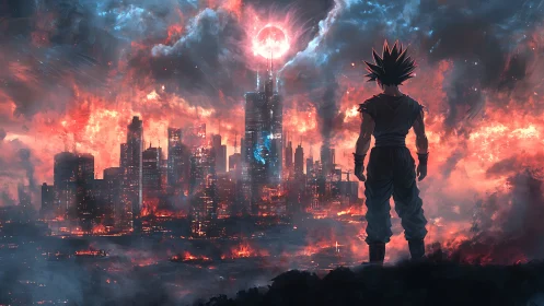 Digital painting of lone anime warrior over burning megacity.