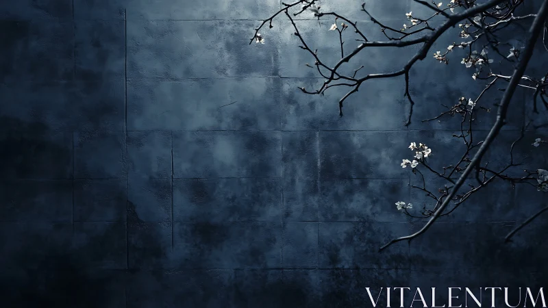 Dark minimalist wall with blooming branches in moody lighting.