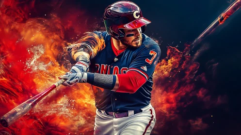 Baseball batter swinging hard amid fiery explosive energy.