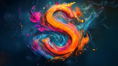 Painted letter S formed by swirling multicolored strokes.