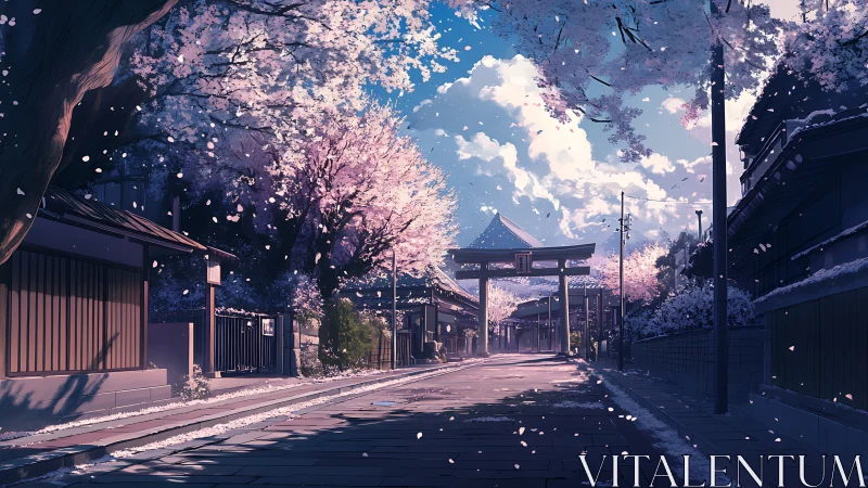 Sakura-lined shrine avenue with atmospheric depth rendering.