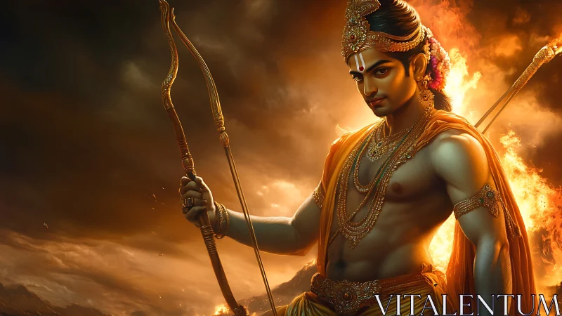 Divine warrior archer amid blazing golden battlefield flames.