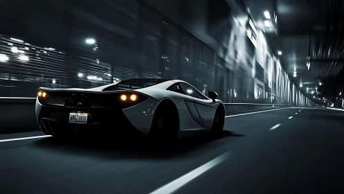 White sports car travels through illuminated urban tunnel