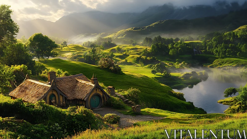 Sunlit river valley with grass-roof cottage and misty hills.