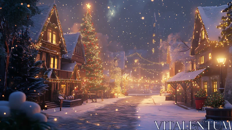 Snowy village street glowing with festive Christmas lights.