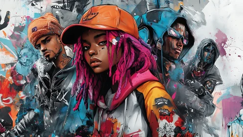 Urban color crew framed by wild electric graffiti storm.