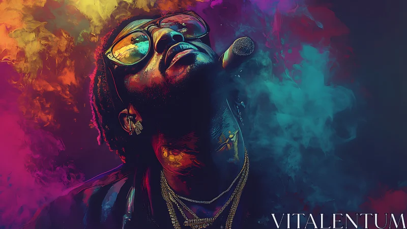 Neon-lit vocalist in chromatic smoke rendered as digital painting