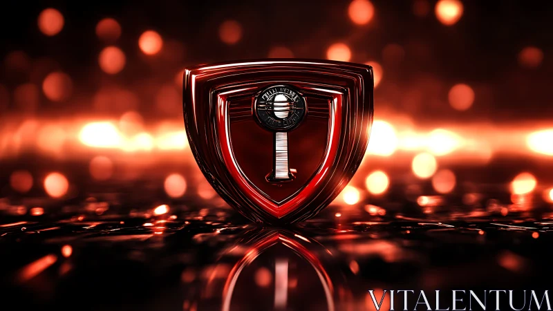 Glowing red security shield emblem floats in fiery bokeh haze.