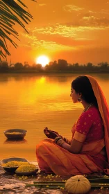 Golden river sunset prayer with marigold offerings.