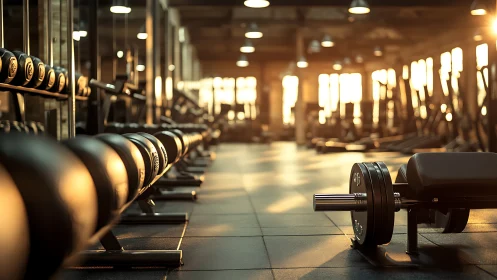 Row of gym dumbbells lines a weight room in warm sunlight