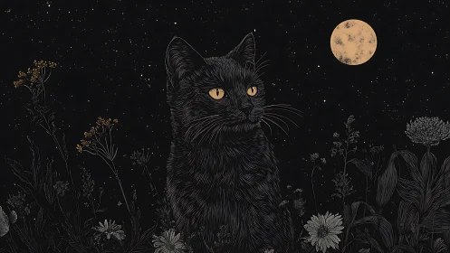 Black Feline Gazes Upon the Golden Moon's Ethereal Dance