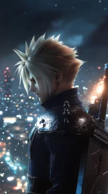 Solitary blond warrior stands over glowing cyber city night