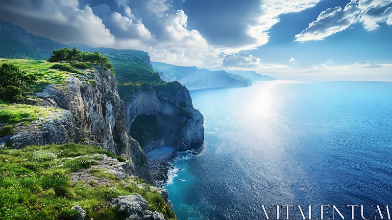 Sunlit cliff kingdoms gazing over an endless azure sea.