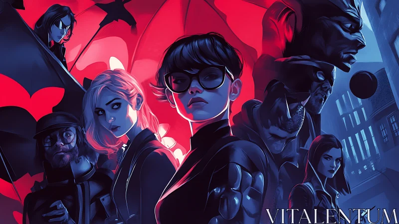 Bold urban heroes gather under neon red night skies.