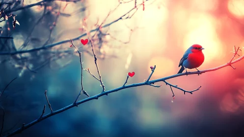Scarlet songbird on dreamy bokeh branch with heart leaves.