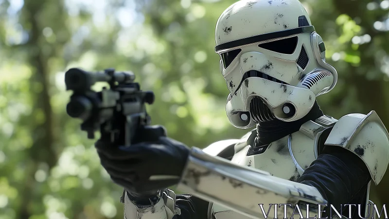 Armored forest sentry with weathered helmet and blaster aim.