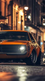 Orange classic muscle car parked on wet night city street.
