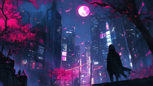 Cloaked wanderer watches neon city bloom beneath pink moon