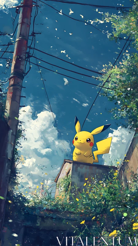 Yellow creature surveys lush rooftop under vivid blue sky.