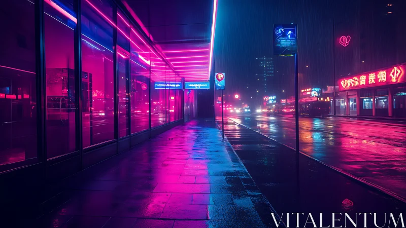 Neon lit city street in rain with reflective wet pavement.