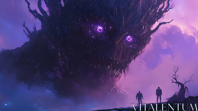 Colossal void entity looms above explorers in violet sky.