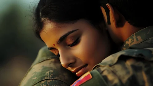 Woman in Military Uniform Looking Downward with Warm Lighting