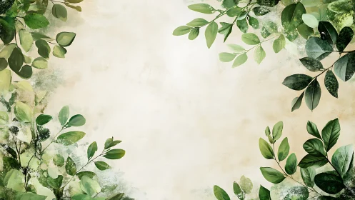 Soft watercolor leaves frame gentle botanical background.