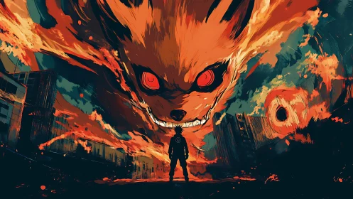 Fiery demon fox engulfs dystopian city skyline at night.