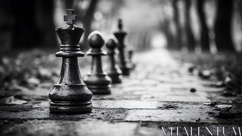 Chess king stands on wet stone path in soft depth blur