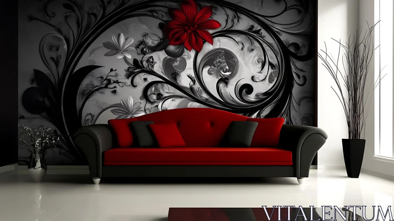 Bold red sofa against swirling floral black and gray wall art.