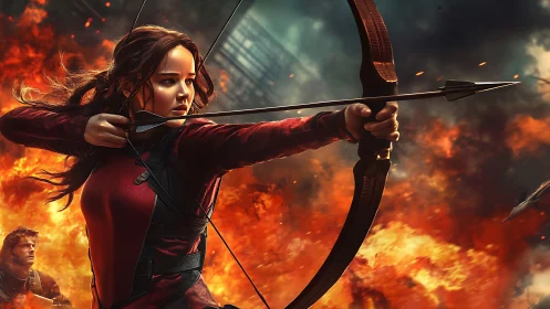 Flame-lit archer draws a decisive arrow amid roaring chaos.