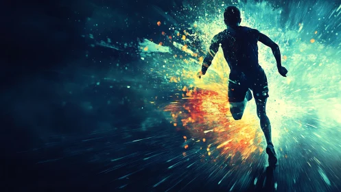Explosive runner silhouette bursts forward in glowing color