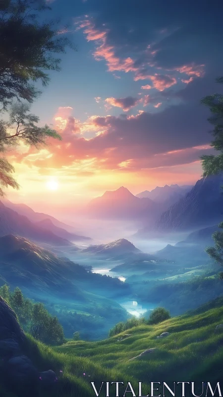 Digital landscape render shows layered mountains at sunrise