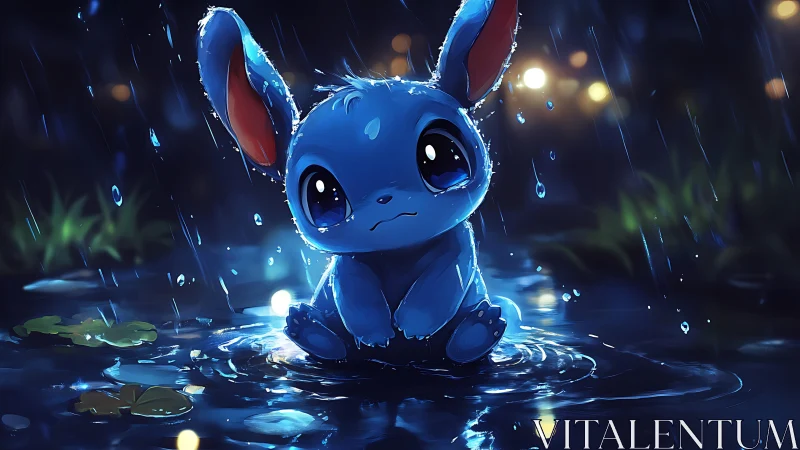 Blue cartoon creature sits in rain puddle at night