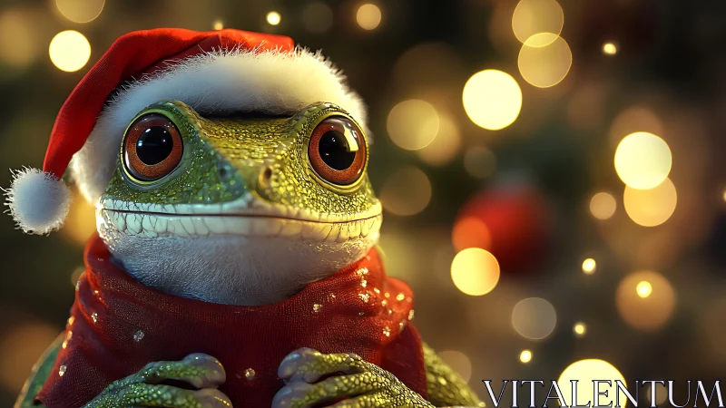 Digitally rendered frog in Santa hat with festive lights.