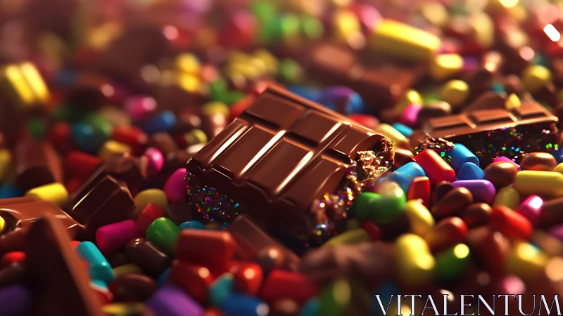 Chocolate bars surrounded by colorful candies and sprinkles.